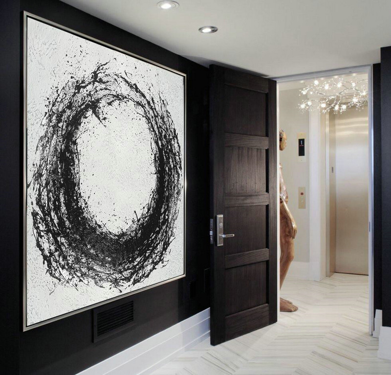 Oversized Minimal Black And White Painting,Large Abstract Wall Art #V1A1